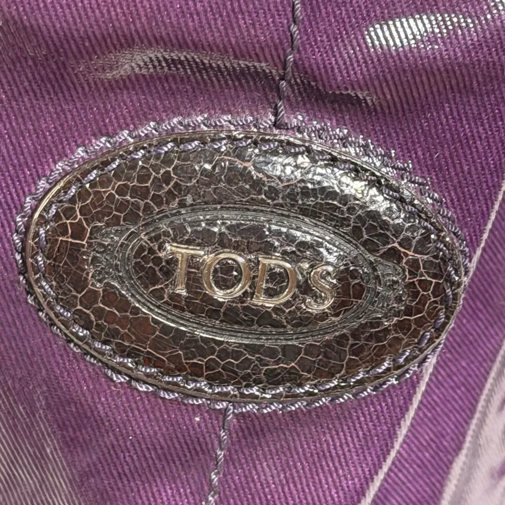 Tod's Shoulder Bag Large Purple Patent  Leather Trim Hobo Tote + Luxury Italian